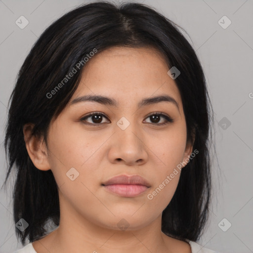 Neutral asian young-adult female with medium  brown hair and brown eyes