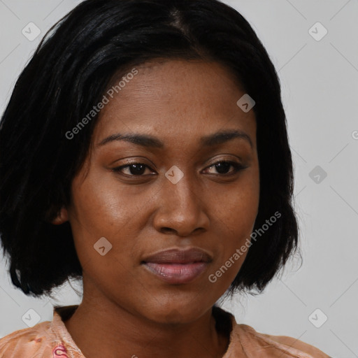 Joyful asian young-adult female with medium  black hair and brown eyes