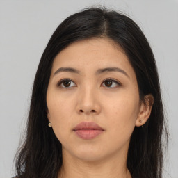 Neutral asian young-adult female with long  black hair and brown eyes