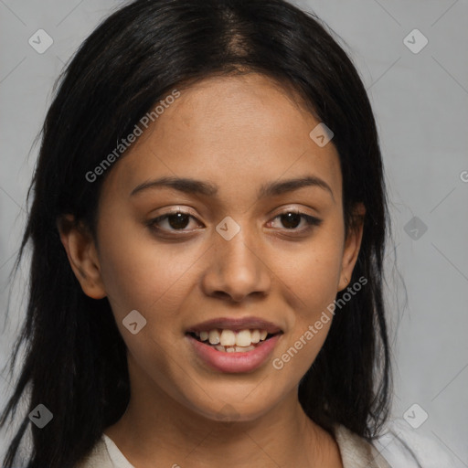 Joyful latino young-adult female with medium  brown hair and brown eyes