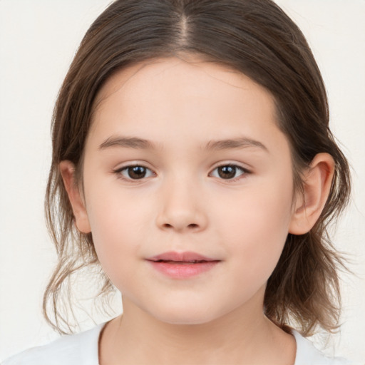 Joyful white child female with medium  brown hair and brown eyes