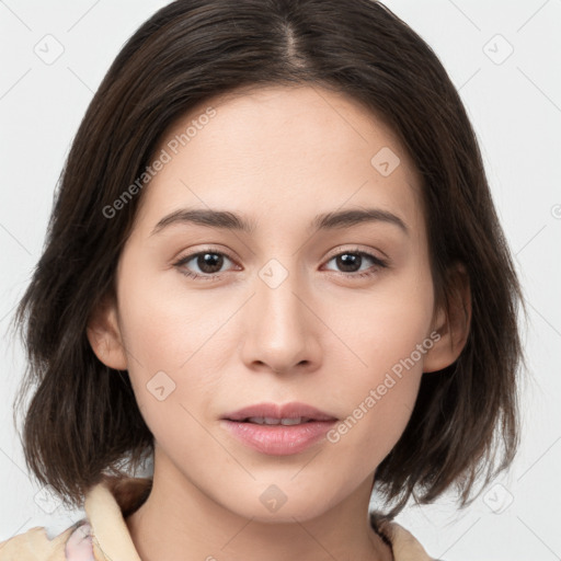 Neutral white young-adult female with medium  brown hair and brown eyes