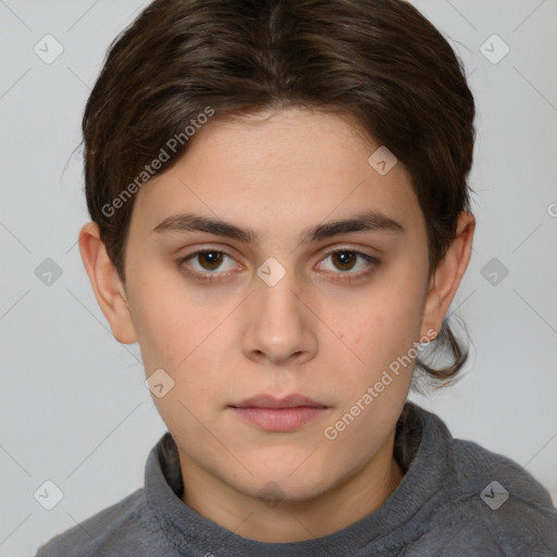 Neutral white young-adult female with short  brown hair and brown eyes