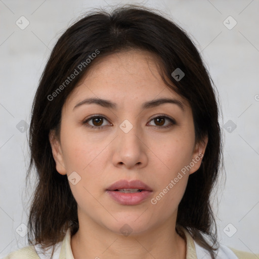 Neutral white young-adult female with medium  brown hair and brown eyes