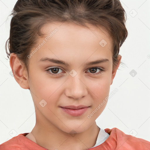 Joyful white child female with short  brown hair and brown eyes