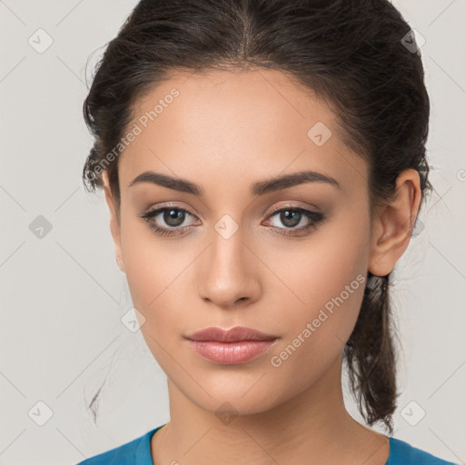 Neutral white young-adult female with medium  brown hair and brown eyes