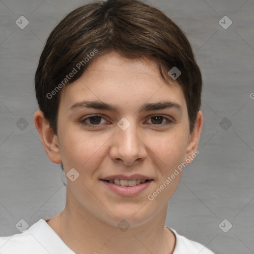 Joyful white young-adult female with short  brown hair and brown eyes