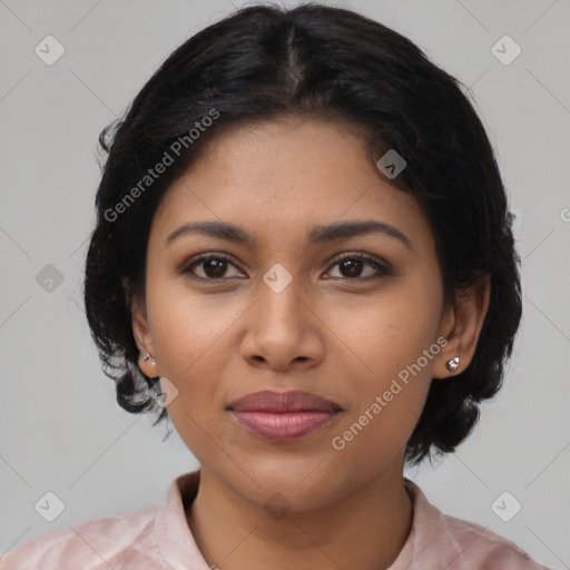 Joyful latino young-adult female with medium  brown hair and brown eyes