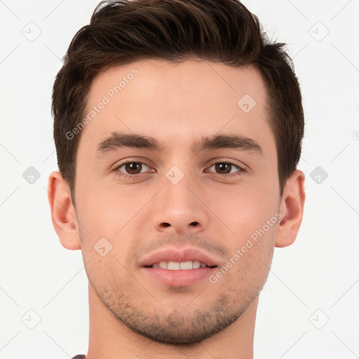 Neutral white young-adult male with short  brown hair and brown eyes