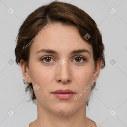 Neutral white young-adult female with medium  brown hair and brown eyes