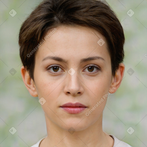 Neutral white young-adult female with short  brown hair and brown eyes