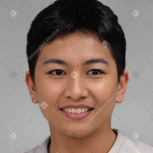 Joyful asian young-adult female with short  black hair and brown eyes