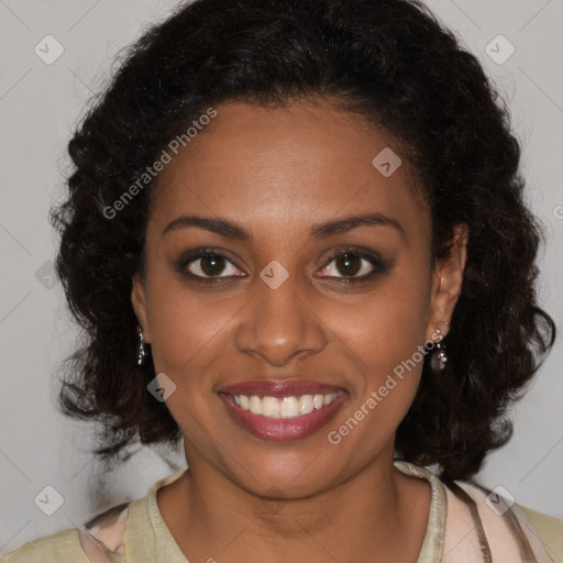 Joyful black young-adult female with medium  brown hair and brown eyes