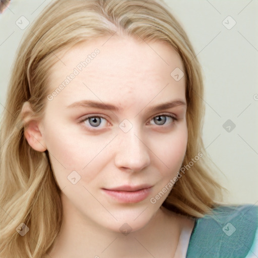 Joyful white young-adult female with long  brown hair and blue eyes