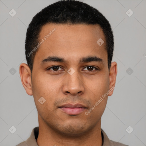 Neutral latino young-adult male with short  black hair and brown eyes
