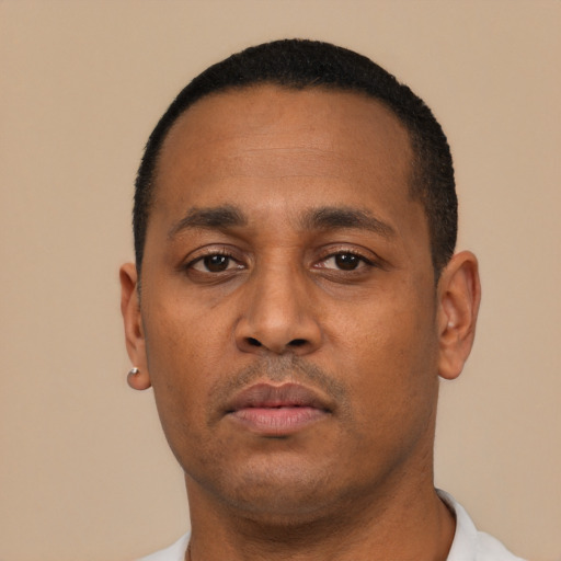 Neutral black young-adult male with short  black hair and brown eyes