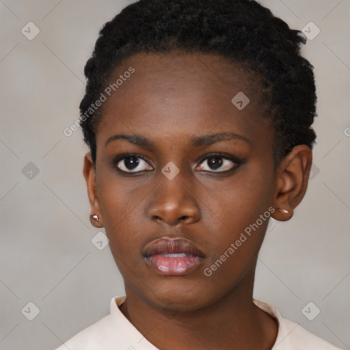 Neutral black young-adult female with short  black hair and brown eyes