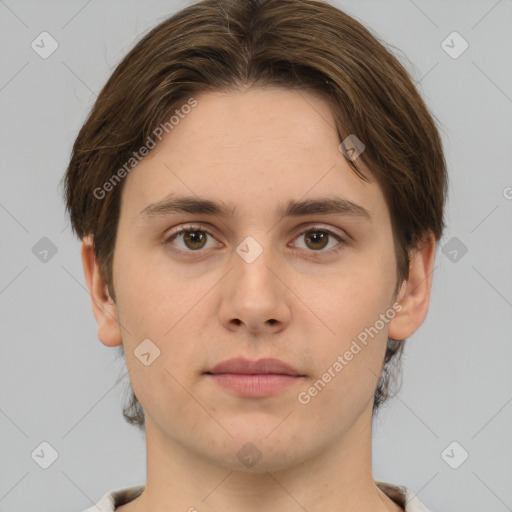 Neutral white young-adult male with short  brown hair and brown eyes