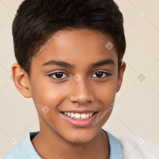 Joyful white child female with short  brown hair and brown eyes