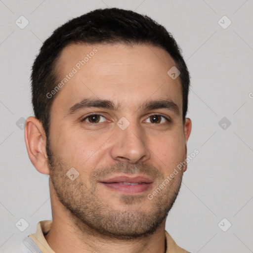 Joyful white young-adult male with short  brown hair and brown eyes