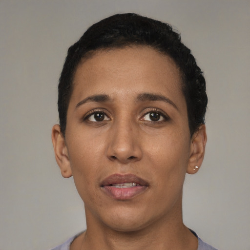 Neutral latino young-adult female with short  black hair and brown eyes