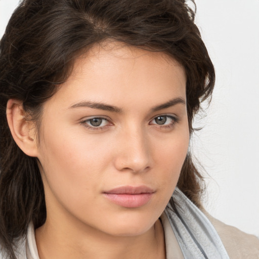 Neutral white young-adult female with medium  brown hair and brown eyes