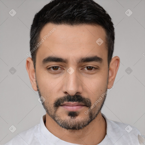 Neutral white young-adult male with short  black hair and brown eyes
