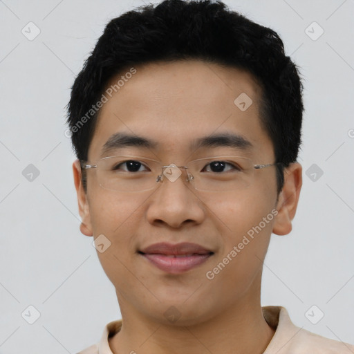 Joyful latino young-adult male with short  brown hair and brown eyes