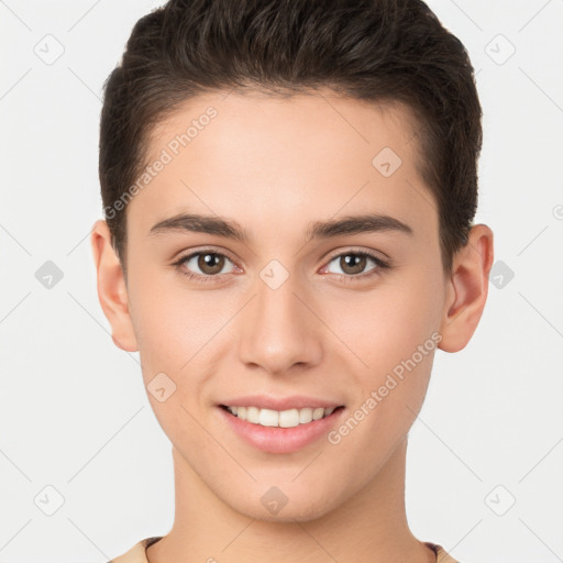 Joyful white young-adult female with short  brown hair and brown eyes