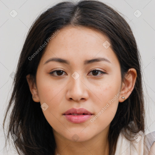 Neutral asian young-adult female with long  brown hair and brown eyes