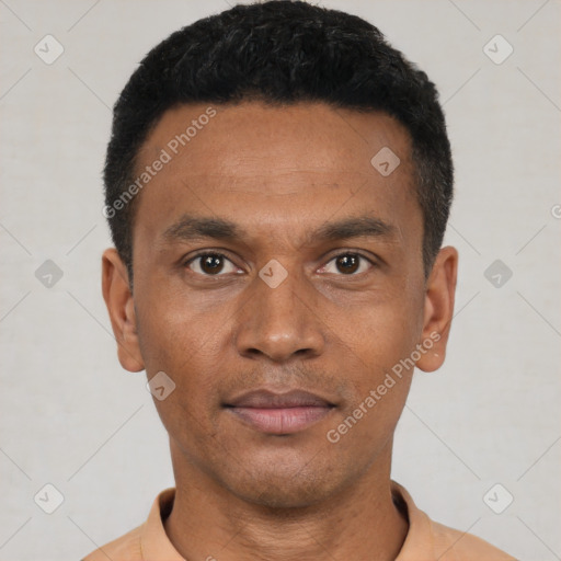 Neutral black young-adult male with short  black hair and brown eyes
