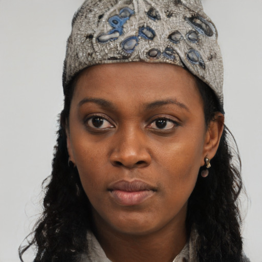 Neutral latino young-adult female with long  black hair and brown eyes