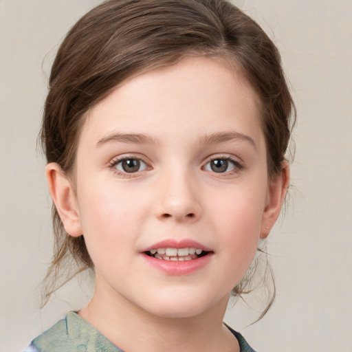 Joyful white child female with medium  brown hair and grey eyes