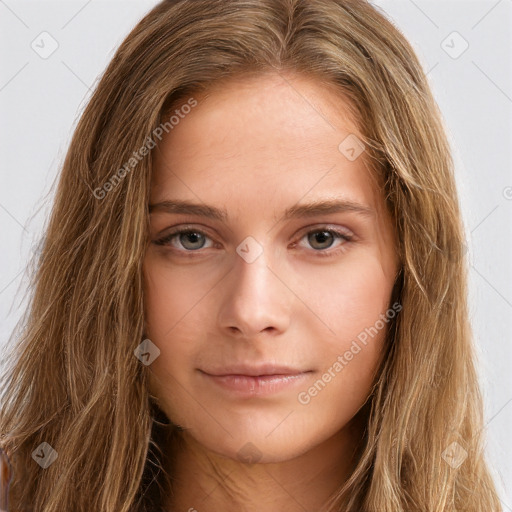 Neutral white young-adult female with long  brown hair and brown eyes