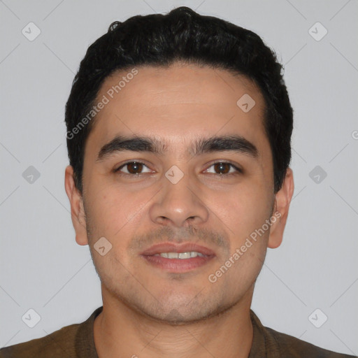 Neutral latino young-adult male with short  black hair and brown eyes