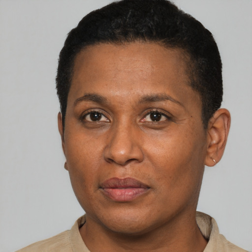Neutral latino adult female with short  brown hair and brown eyes