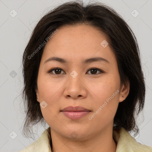 Joyful white young-adult female with medium  brown hair and brown eyes