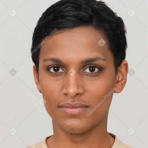 Neutral latino young-adult female with short  black hair and brown eyes