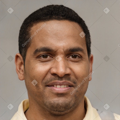 Joyful latino adult male with short  brown hair and brown eyes