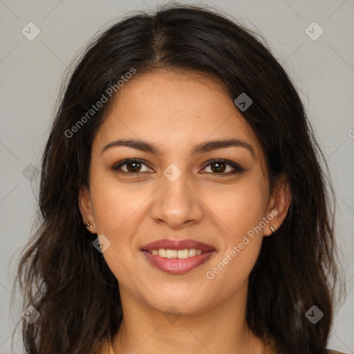 Joyful latino young-adult female with medium  brown hair and brown eyes