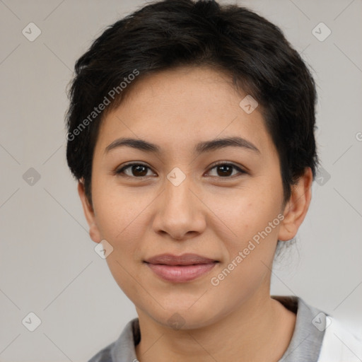 Joyful asian young-adult female with short  brown hair and brown eyes