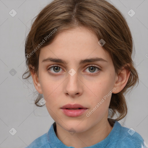 Neutral white young-adult female with medium  brown hair and grey eyes