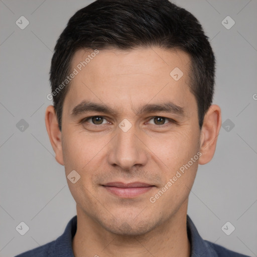 Joyful white young-adult male with short  brown hair and brown eyes