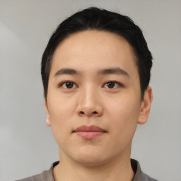 Neutral asian young-adult male with short  black hair and brown eyes