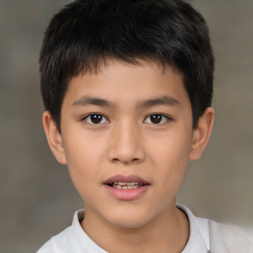 Joyful asian child male with short  brown hair and brown eyes