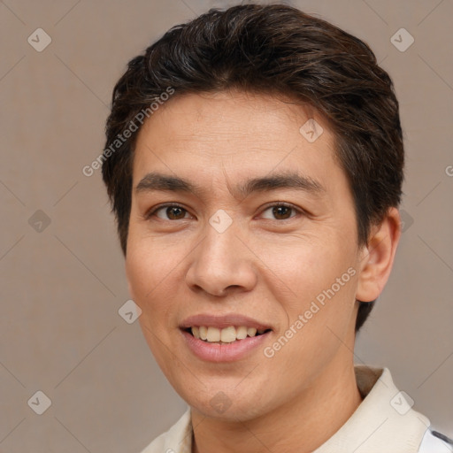 Joyful white adult male with short  brown hair and brown eyes