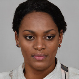 Neutral black young-adult female with short  black hair and brown eyes