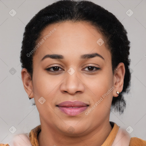 Joyful latino young-adult female with short  brown hair and brown eyes