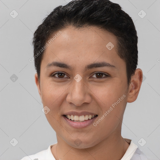 Joyful white young-adult female with short  brown hair and brown eyes