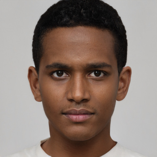 Neutral black young-adult male with short  black hair and brown eyes